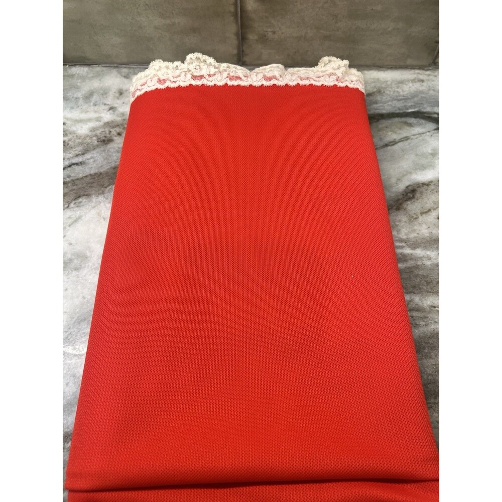 Vintage Red Nylon/pol Tablecloth W/Lace Trim Handmade Christmas Valentine 50x65”